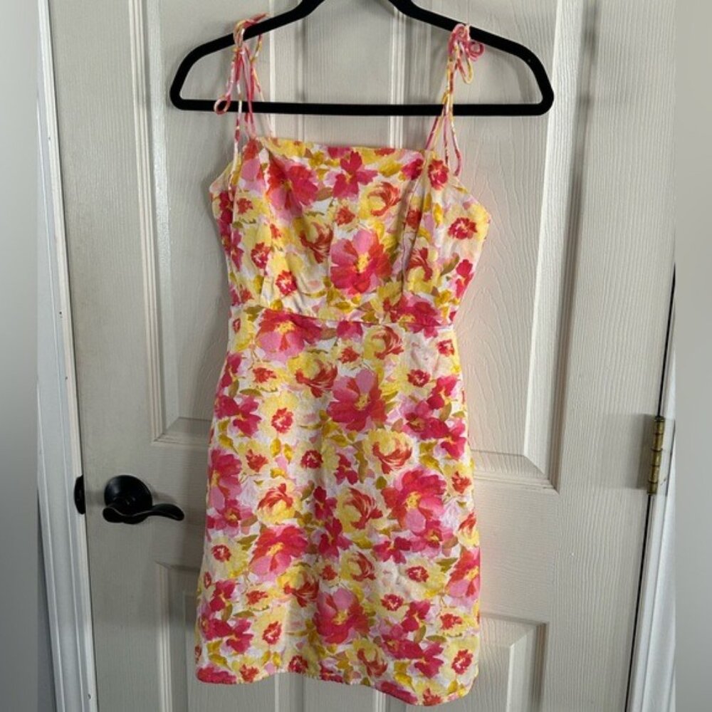 Old Navy Sz Small Yellow Pink Floral Mini Dress Tie Straps Linen Blend Pockets - Picture 15 of 15